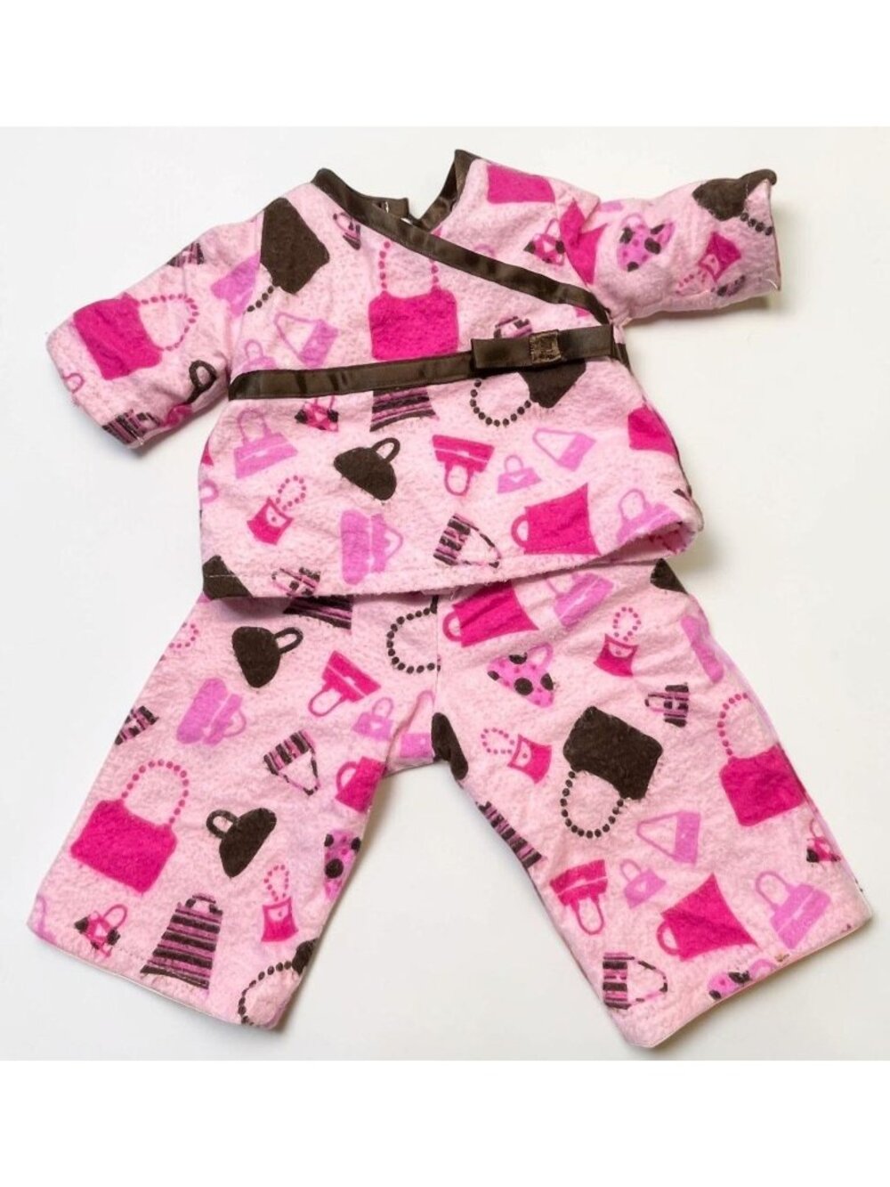 Doll Fleece Pajamas Teddy Bear Clothes Pink Handbag Purse Fashion Motif Handmade